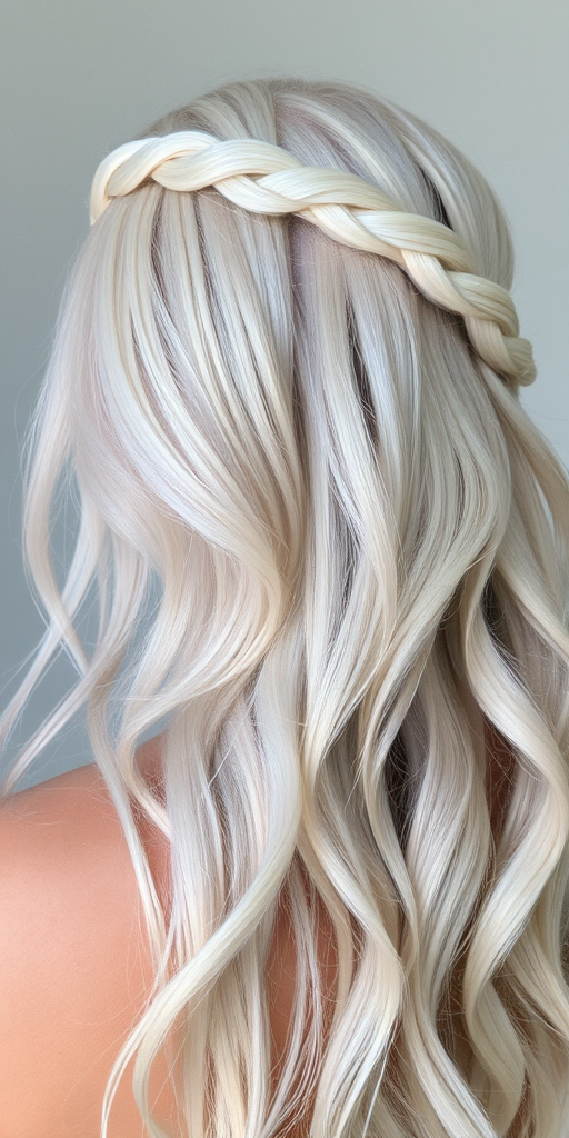 Dreamy image showcasing Opal Essence hair, iridescent white with subtle rainbow reflections, styled in a loose, romantic braided crown