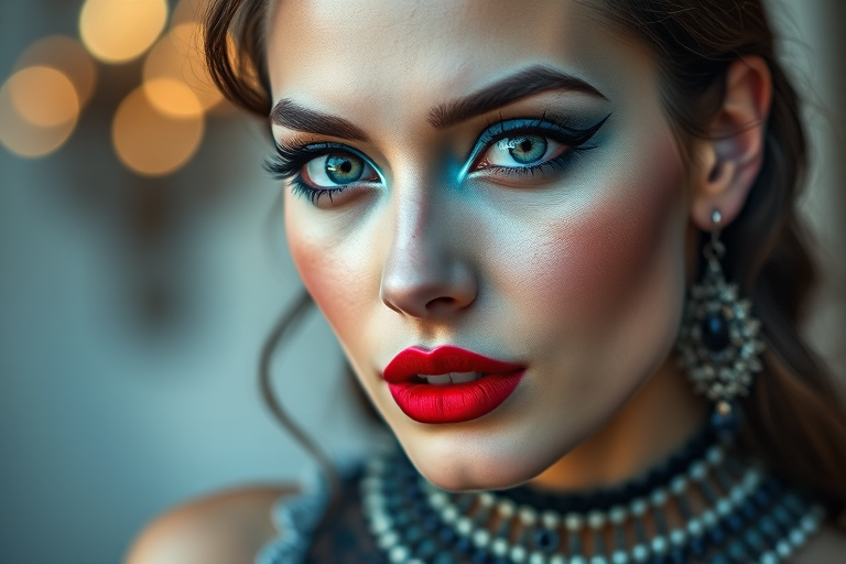 portrait of a woman with bold blue eyeshadow and red lips, intricate beaded top, soft bokeh background, shot with a Canon EOS R5, 85mm f/1.4 lens, ISO 100, aperture f/2.0, natural light, high detail, vibrant colors