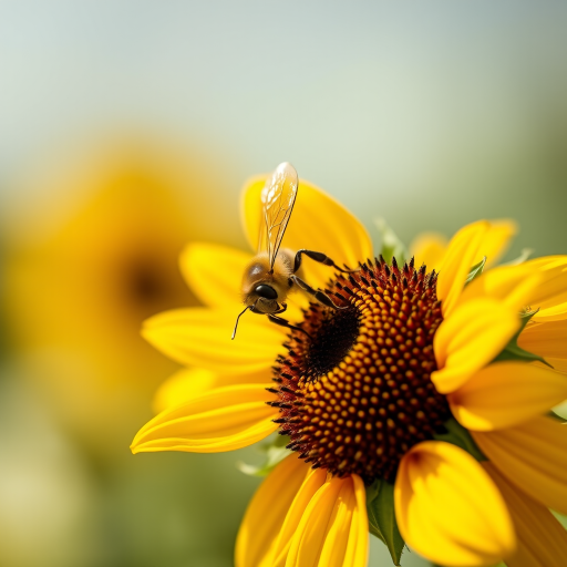 macro photograph of a bee on a sunflower with a blurred background, aperture f/2.8, shutter speed 1/200s, ISO 100, taken with a DSLR camera, 100mm lens, natural lighting