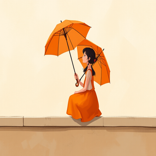Create an illustration of a girl sitting on a ledge with an orange umbrella, wearing a vibrant orange dress, soft pastel background with a textured look, using a digital art style, captured from a slightly elevated angle, with a focus on soft lighting and warm tones, simulating a Canon EOS 5D Mark IV with a 50mm f/1.8 lens at f/2.8, ISO 200, and a resolution of 300 DPI.