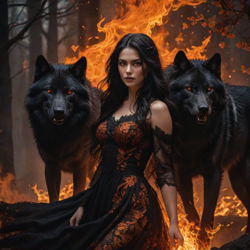 A woman with long dark hair, wearing a black lace dress that seamlessly blends into her skin with intricate floral patterns. She is in the foreground, with a black wolf beside her; its fur is midnight black, and it has glowing, intense, orange eyes that match hers. Her eyes are partially closed with burning embers above them, giving a fiery and mystical aura. The background is engulfed in tall, roaring flames, contributing to an overall dark and supernatural atmosphere. The colors are intense, predominantly black, fiery orange, and deep reds, with sharp contrast highlighting the mysterious and fierce theme. The flames are bright and dynamic, casting dramatic light and shadow, illuminating the woman and wolf while leaving parts in near darkness. The image evokes a sense of otherworldly power and connection between the woman and the wolf.