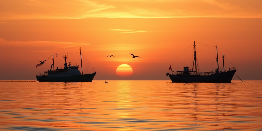 Create a serene sunset seascape with two silhouetted ships on calm waters, warm orange and gold hues in the sky, soft reflections on the water, birds flying in the background, captured with a DSLR camera at f/8, ISO 100, 1/100s shutter speed, wide-angle lens, and HDR style for enhanced detail and dynamic range.