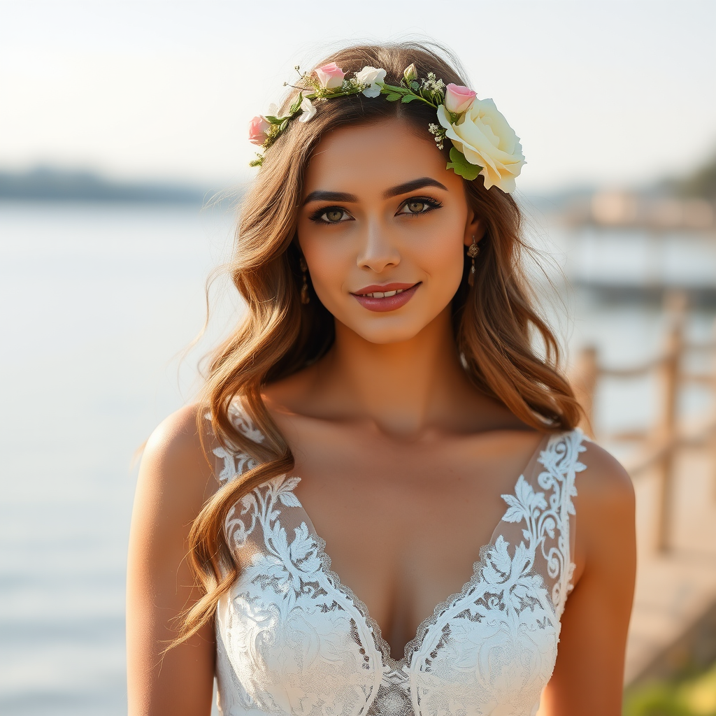 water front lake scene, bridal model, delicate lace gown, floral headpiece, soft romantic focus, high-key lighting and an 85mm lens for soft, even tones that highlight the model’s face and bright outfit against a white or light background