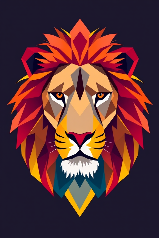Create a high-resolution geometric lion head illustration with a symmetrical design using vibrant colors, 85mm lens, f/2.8 aperture, ISO 100, shot from a frontal view with a digital camera for enhanced clarity and depth.