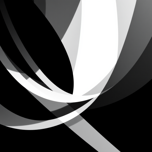 Create a high-resolution digital illustration of an abstract design featuring overlapping geometric shapes in black and white, capturing dynamic movement and depth, shot with a Canon EOS R5 at f/8, ISO 100, 50mm lens, in soft natural light.