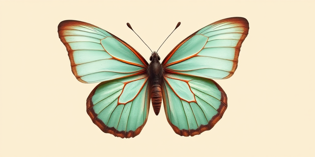 create a vector illustration of a butterfly with mint green wings and maroon accents against a light beige background, using a Canon EOS R5 with a 50mm f/1.2 lens, aperture set to f/8, ISO 100, and a shallow depth of field to enhance detail and colors.