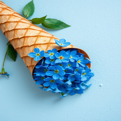 Create a floral composition featuring a cone filled with blue flowers on a light blue textured background, using a DSLR camera with a 50mm lens, aperture set to f/2.8, ISO 100, and a shallow depth of field for enhanced image quality.