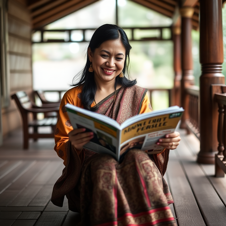 portrait of a smiling woman sitting on a wooden porch reading a magazine wearing traditional attire, soft natural lighting, captured with a Canon EOS 5D Mark IV, 50mm lens, f/1.8, ISO 200, shot from a low angle to emphasize her relaxed posture and the wooden details of the setting.