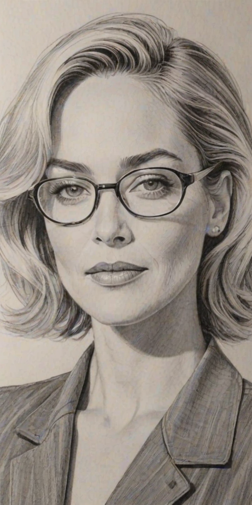 Wonderful Sharon Stone, pencil sketch, portrait of Splendid woman 1943s in glasses, hair style beatnik, outline, clear lines, fine lines, 8k