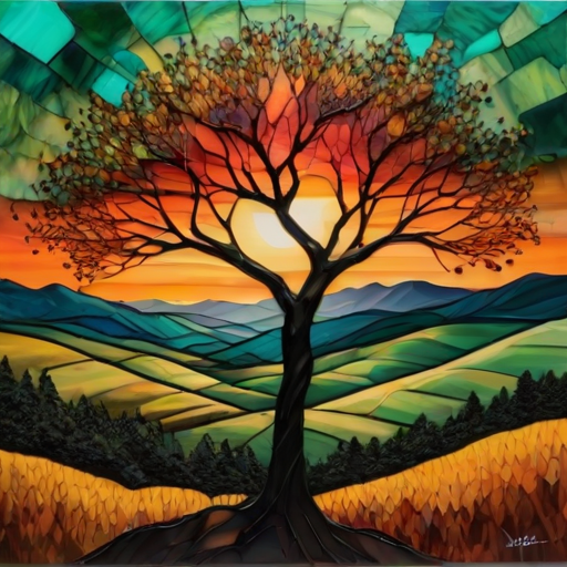 A vibrant abstract painting on Tiffany Glass, blending acrylic and alcohol ink techniques, captures a dramatic sunset over rolling hills. The artwork features a textured, rocky foreground in green and brown, layered abstract hills, and a striking sunset in rich oranges, yellows, and reds. A solitary black tree with intricate branches contrasts against the fiery sky, creating a dynamic and expressive portrayal of a breathtaking natural scene.