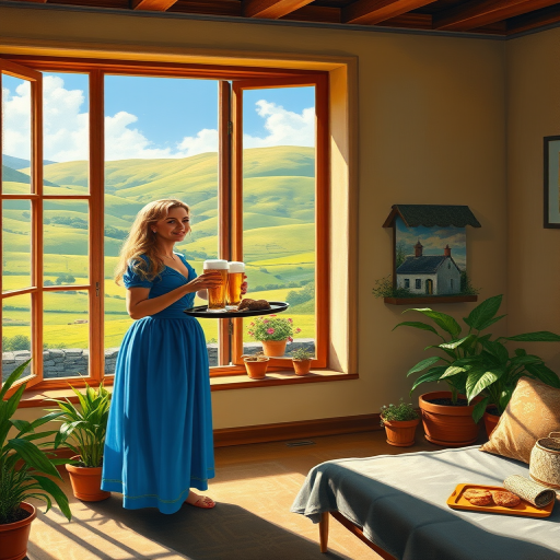 In "A Glass of Beer on the Highland," a serene scene is depicted in a sunlit room where a woman in a vibrant blue dress stands by a large window. She holds a tray with a hearty meal and a frothy glass of beer, embodying a moment of relaxation. Outside, the breathtaking highland landscape features rolling green hills and a charming traditional house, all bathed in warm afternoon light. The interior is adorned with potted plants, creating a harmonious blend of comfort and nature. The painting beautifully captures the tranquility and joy found in simple pleasures amidst stunning scenery