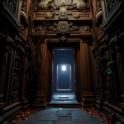 dimly lit ancient temple entrance surrounded by ornate stone carvings and tangled vines with a mystical glow emanating from the doorway, captured with a Canon EOS R5, 24mm f/1.4 lens, ISO 800, aperture f/4, shutter speed 1/60s, cinematic lighting, wide-angle view