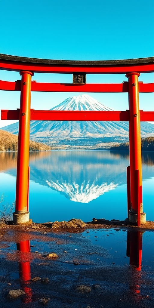 illustrate a serene landscape featuring a red torii gate by a calm lake reflecting a snow-capped mountain under a clear blue sky, focus on vivid colors and fine details, camera settings: f/8, ISO 100, shutter speed 1/200s, camera view: wide-angle, camera style: landscape photography, camera type: DSLR
