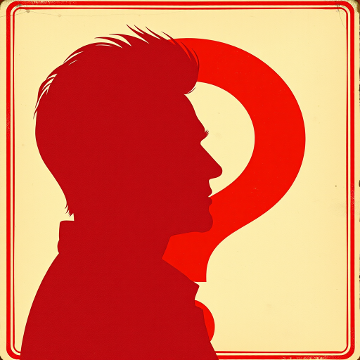 Create a vintage poster featuring a profile silhouette of a man with a question mark behind him, styled in bold red and white colors, with a focus on detailed textures, shot with a Canon EOS R5 at f/1.8 for shallow depth of field, ISO 100 for clarity, and using natural lighting to enhance colors and contrasts.