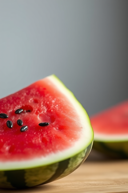 Generate a high-quality image of a watermelon slice with a vibrant red interior, dark seeds, and a green rind, captured with a DSLR camera at f/2.8 aperture, ISO 100, 50mm lens, and a shallow depth of field for a soft background effect.