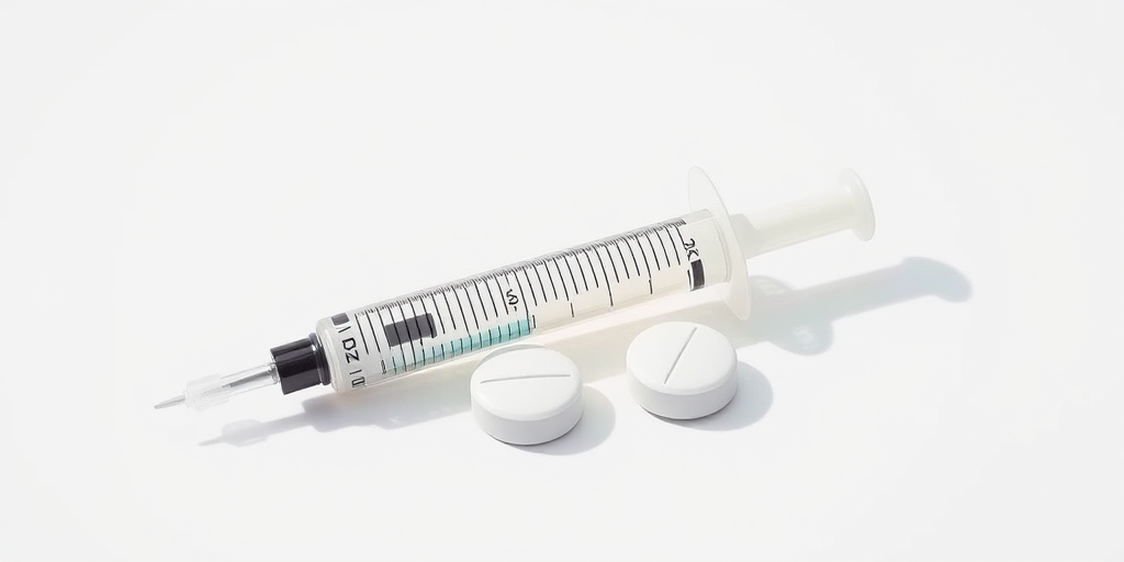 Create a highly detailed illustration of a syringe resting on two tablets with a clean, white background, using a Canon EOS R5 camera, 50mm lens, f/8 aperture, ISO 100, and natural lighting for enhanced image quality.