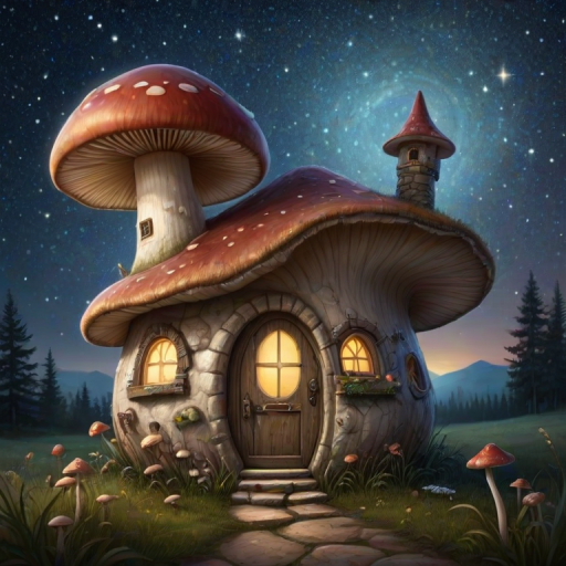 this picture is illustration of a mushroom house with a door and a window, a storybook , fantasy art, mushroom house, bg starry sky, sparkles