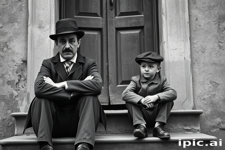 A black-and-white photograph of a man and a child sitting on steps in front of a doorway. The man is dressed as a tramp with a bowler hat, mustache, and ragged clothes, reminiscent of Charlie Chaplin's iconic look. He is sitting with his arms crossed and an expression of slight sadness or frustration. Next to him is a young boy, also in worn clothes and a cap, sitting with his hands clasped, looking thoughtful. The background is an old, textured wall and a partially open door, creating a vintage, early 20th-century atmosphere.