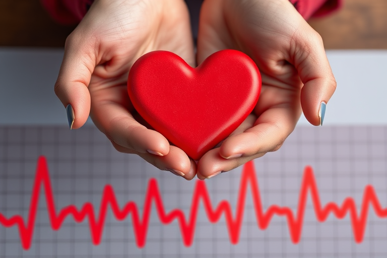 Create an image of two hands holding a red heart shape placed above a red heartbeat line graph, shot from a close-up perspective using a DSLR camera with a 50mm lens at f/1.8, ISO 100, and a shutter speed of 1/200s.