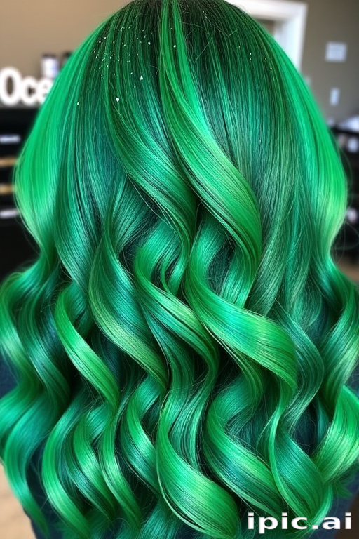 Emerald green mermaid waves expertly crafted by "Ocean's Crown" salon, showcasing long, luscious tresses with a seamless transition from deep forest green roots to vibrant seafoam tips, adorned with tiny, iridescent glitter accents that catch the light like shimmering scales.