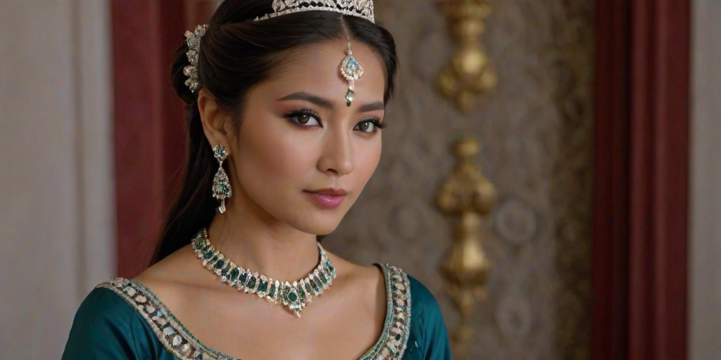 A gorgeous Bhutanese woman in a luxurious blue gown, accessorized with a dazzling tiara and statement earrings, her deep green eyes highlighted by impeccable makeup, poised in a royal setting, photorealistic, 8K quality