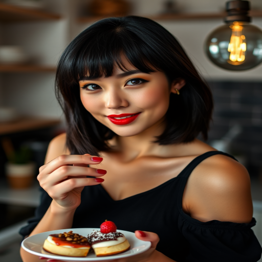 portrait of a woman with shoulder-length black hair and red lipstick, holding a dessert in a stylish kitchen, soft natural lighting, shallow depth of field, aperture f/1.8, ISO 200, 50mm lens, DSLR camera, focus on the dessert with the background slightly blurred