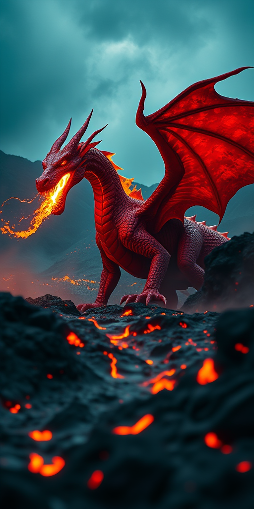 Create an image of a large red dragon breathing fire in a volcanic landscape, with molten lava flowing around it, using a DSLR camera with a 50mm lens, aperture f/1.8, ISO 100, and a low angle shot to emphasize the majesty of the dragon and the intensity of the scene.
