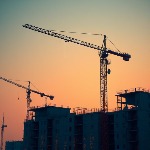 Create a high-resolution illustration of a construction crane on a building site, captured from a low-angle view at dusk to enhance details, using a DSLR camera with a 50mm lens, aperture f/1.8, ISO 200, and a shutter speed of 1/250s for sharpness and depth of field.