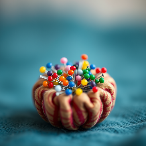macro shot of a circular pin cushion filled with colorful sewing pins with a soft blur background, f/2.8 aperture, 50mm lens, ISO 100, natural soft lighting, shallow depth of field