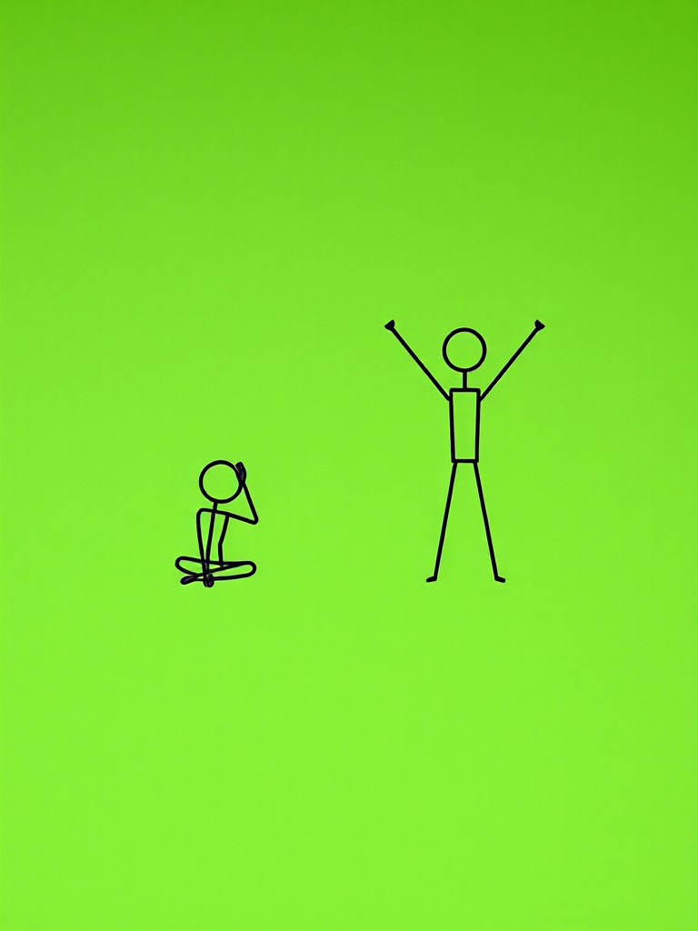 Create a minimalistic icon depicting two stick figures, one sitting in a squat position and the other standing with arms raised, use a green background, ensure high resolution with a focus on simplicity, captured using a Canon EOS R5 at f/8, ISO 100, shutter speed 1/250s, top-down view with a soft light effect.