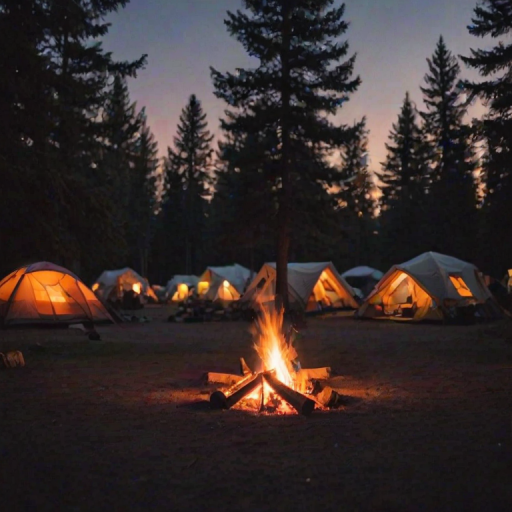 Soft-focus image of a cozy campsite at dusk, with a crackling fire in the center, soft shadows dancing around tents, and stars just beginning to twinkle overhead.