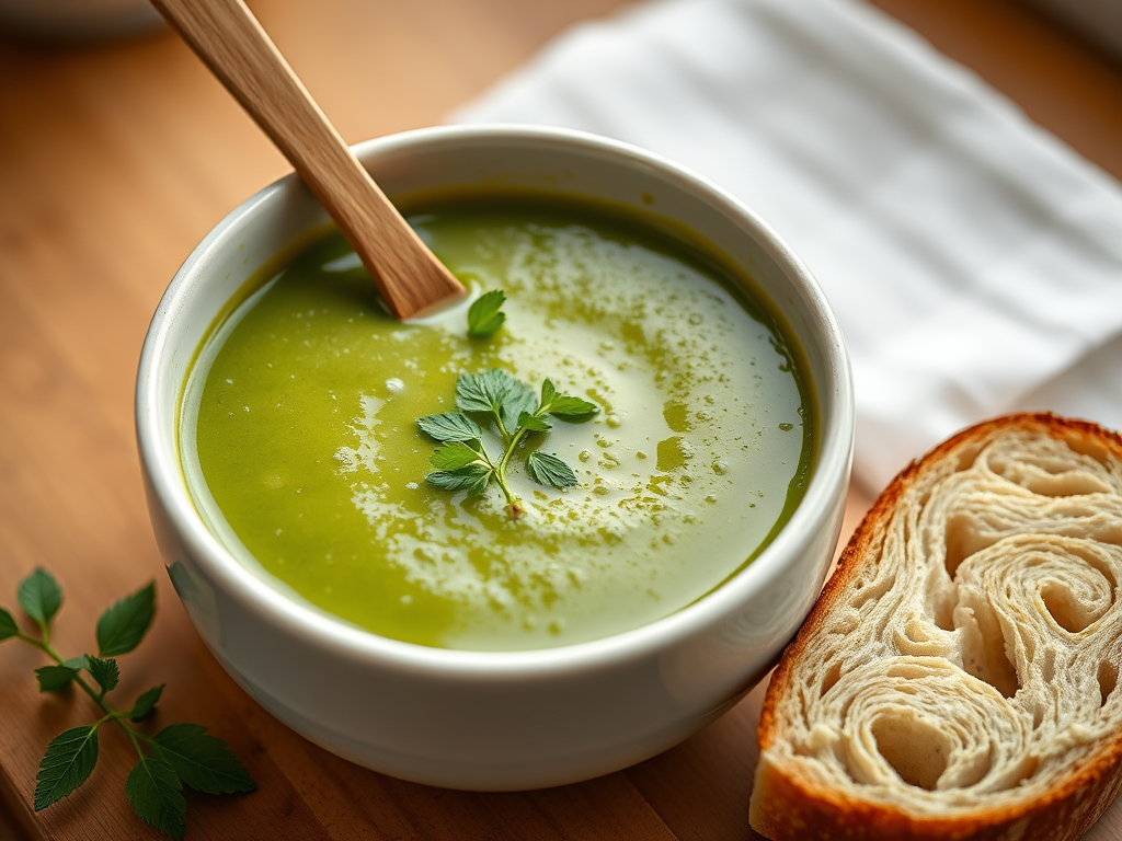 Create an image of a bowl of green soup with a wooden spoon and a slice of bread on the side, shot with a Canon EOS 5D Mark IV at f/2.8, 1/100 sec, ISO 200, natural light, macro view, soft focus, warm tones.