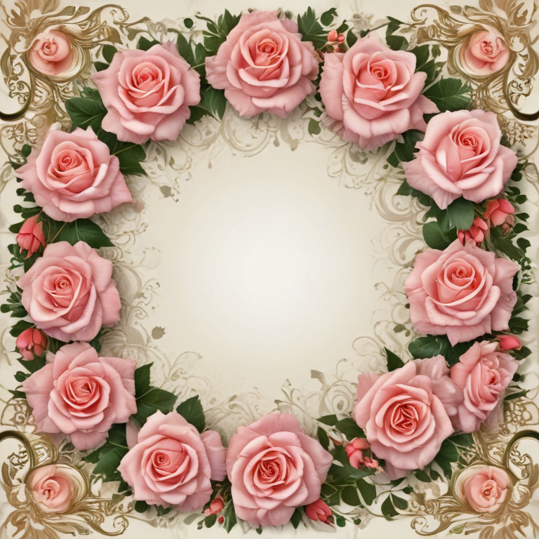Elegant Floral Frame of Soft Pink Roses with Delicate Green Foliage