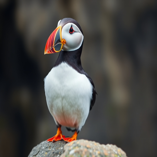 A colorful puffin perched on a rock, vibrant plumage with a detailed background, captured using a DSLR camera at f/4, 1/200s shutter speed, ISO 200, taken from a low angle with a 50mm lens for a sharp focus and soft background blur.