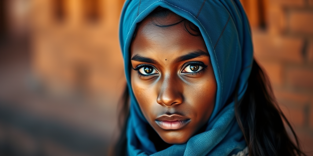 Create a portrait of a young Fijian woman with long, dark hair and captivating hazel eyes. She is wearing a blue headscarf and a matching scarf draped gracefully around her neck. The background is softly blurred, focusing attention on her serene and natural expression. The overall color palette is muted and warm, enhancing the intimate and authentic feel of the portrait.
