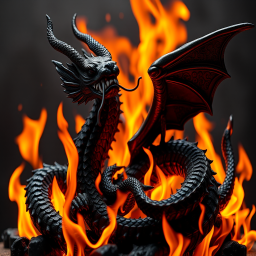 Create a highly detailed, close-up image of an intricately designed black dragon and snake sculpture surrounded by flames, using a Canon EOS R5 camera, 85mm lens, f/1.8 aperture, ISO 100, in a studio lighting setup with a shallow depth of field for enhanced image quality.