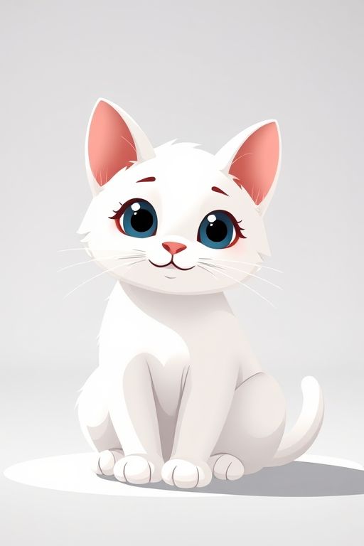 Generate a high-resolution image of a cute cartoon white cat sitting, captured with a Canon EOS R5, 50mm lens, f/1.8 aperture, ISO 100, soft lighting, in a minimalistic style.
