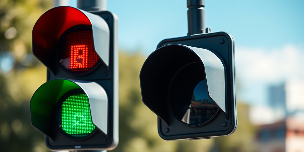 Create a high-resolution image of a traffic light displaying a red signal, captured in bright daylight with a shallow depth of field, using a DSLR camera at f/2.8, ISO 200, and a 50mm lens for clarity and detail.