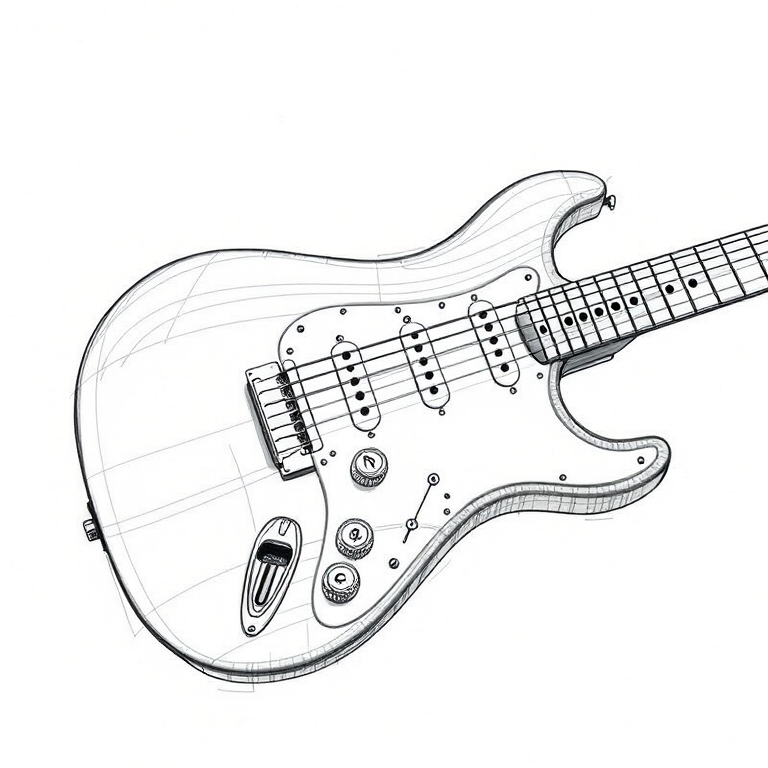 Create a high-resolution detailed sketch of an electric guitar, focusing on intricate line work and clarity, using a 50mm lens, f/8 aperture, ISO 100, in a studio lighting setup, shot from a slightly elevated angle to emphasize the body's curves and fretboard details.
