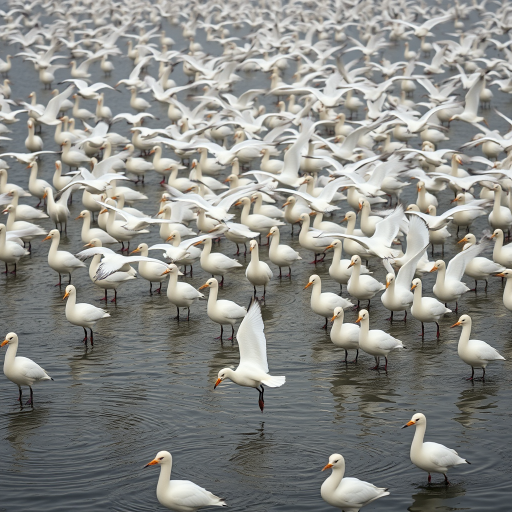 Wide shot of a large flock of white birds on a water body with several birds in flight, captured with a DSLR camera at f/8, ISO 400, shutter speed 1/1000s, using a 200mm lens for depth, with a focus on the texture of the feathers and ripples in the water.
