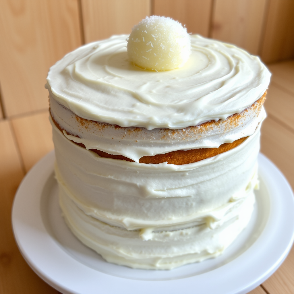 A beautifully layered white cake with creamy frosting topped with a coconut ball, served on a white plate with a wooden background, showcasing the cake's texture and details.