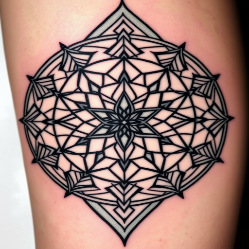 Striking geometric blackwork tattoo featuring interconnected sacred geometry patterns, precise lines and angles forming complex mandala-like designs, stark contrast against skin, bold and modern aesthetic