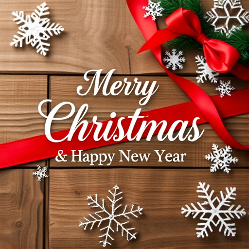 Create a festive Christmas greeting card design featuring a wooden background with a red ribbon, white snowflakes, and the text "Merry Christmas & Happy New Year" in elegant white cursive font, shot with a Canon EOS 5D Mark IV at f/2.8, ISO 100, 50mm lens, with a shallow depth of field to enhance the text clarity and background texture.