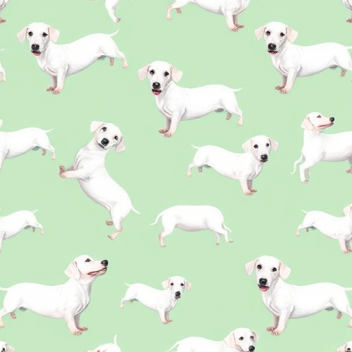 Create a seamless pattern design featuring white dachshunds on a mint green background, using a high-resolution digital camera at f/8 aperture, 1/125 shutter speed, with a 50mm lens in overhead view, taken with a DSLR camera for sharp image quality.