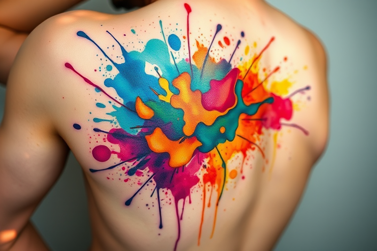 Watercolor splash tattoo known as "Chromatic Explosion" with vibrant paint splatters and drips in a rainbow of colors creating an abstract and dynamic design that appears to be in constant motion