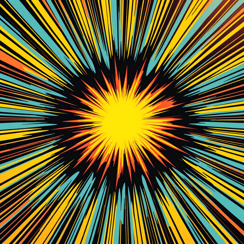create a vibrant comic-style explosion background with rays radiating outwards, bright yellow center, high resolution, shot with a DSLR camera at f/8 aperture for sharpness, 1/250 sec shutter speed for clarity, and ISO 100 for optimal quality, using a wide-angle lens for a dramatic effect
