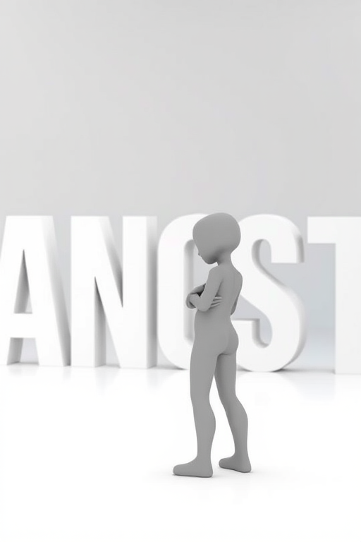 Create a 3D render of a gray humanoid figure standing in a contemplative pose, surrounded by oversized letters spelling "ANGST" in a stark white environment, using a DSLR camera with a 50mm lens, aperture set to f/1.8, shutter speed at 1/125s, ISO 100, and a soft diffused lighting setup for an enhanced depth of field and clarity.