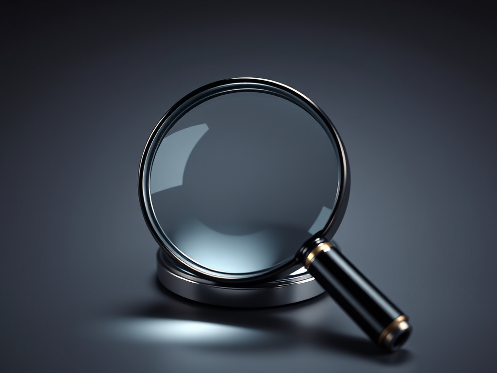 Create a high-quality vector image of a magnifying glass with a sleek design, focusing on reflections and shine, using a 50mm lens at f/2.8, shallow depth of field, in a studio setting with soft lighting.