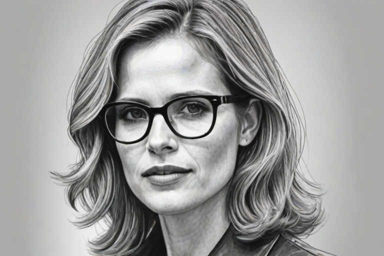 Dazzling Kim Dickens, pencil sketch, portrait of Charming woman 1949s in glasses, hair style beatnik, outline, clear lines, fine lines, 8k