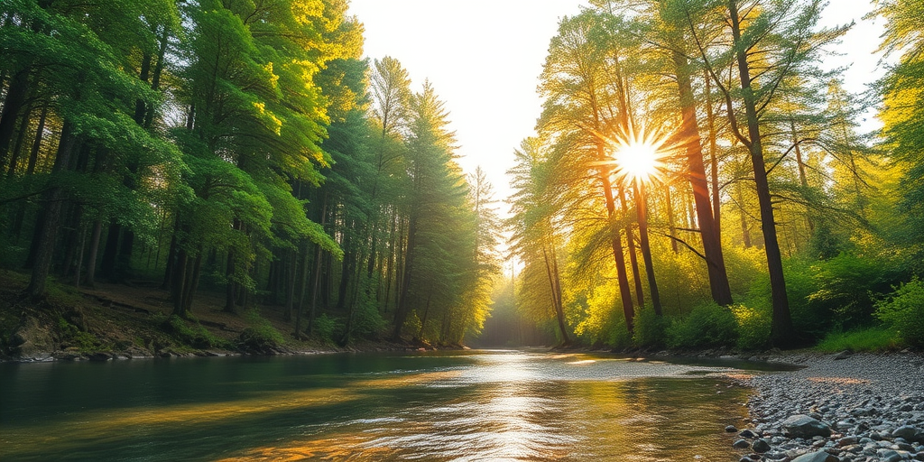 Create an image of a serene, sunlit forest scene with a clear, gently flowing river. Tall trees with lush green foliage line both sides of the river, their leaves bathed in the warm golden light of the setting or rising sun. The sunlight filters through the trees, casting soft, dappled light on the river, which flows over smooth rocks and pebbles, creating a peaceful, natural atmosphere. The sky is bright with a few scattered clouds, and the overall mood is tranquil, evoking a deep sense of connection with nature. The image captures the beauty of a calm, pristine forest landscape at either dawn or dusk.